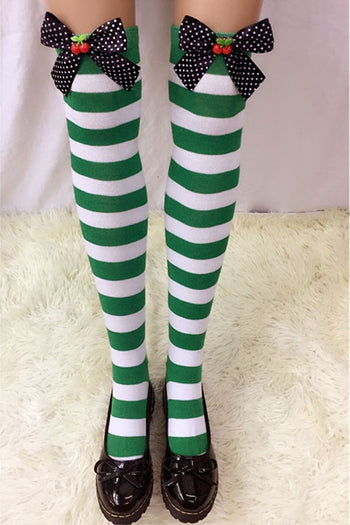 Atomic Black Bowed Cherry Green and White Striped Stockings