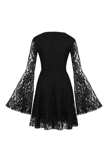 Atomic Black Flared Long Sleeve Lace Dress