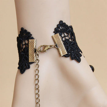 Atomic Black Gem Embellished Lace Bracelet with Ring