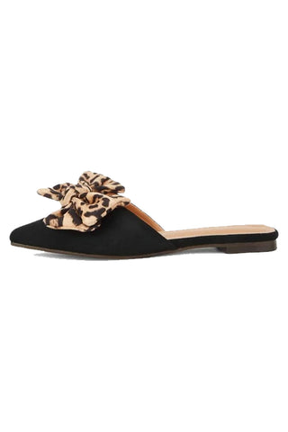 Atomic Black Leopard Bowed and Pointed Toe Slippers | Animal Print Sandals | Animal Print Suede Mules