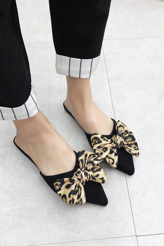 Atomic Black Leopard Bowed and Pointed Toe Slippers | Animal Print Sandals | Animal Print Suede Mules