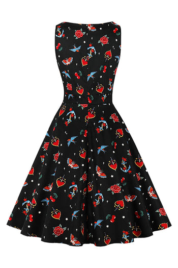 This dress features a rose, hearts and bird pattern print covering the whole dress, classic round neckline and sleeveless design, high waisted bodice, pockets on both sides, swing skirt and midi length design, and a concealed back zipper closure.