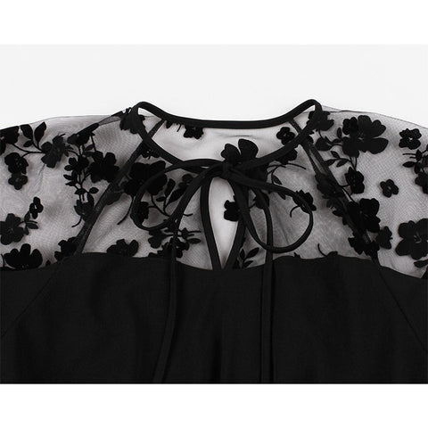 Atomic Black Tie Collar Floral Mesh Midi Dress