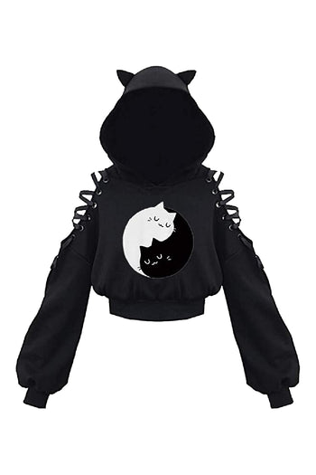 Atomic Black Yin-Yang Cat Crop Top Hoodie