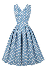 Atomic Blue 1950s Buttoned Polka Dot Dress