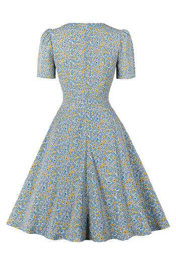 Atomic Blue Floral Summer Vintage Dress | Floral Spring Rockabilly Dress