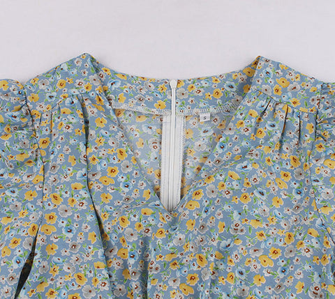 Atomic Blue Floral Summer Vintage Dress | Floral Spring Rockabilly Dress