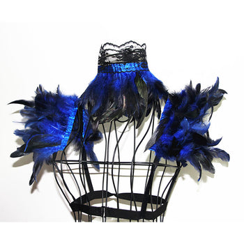 Atomic Blue Gothic Feather Collar Scarf And Shoulder Armor