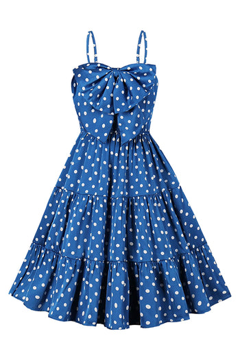 Atomic Blue Polka Dot Bowed Rockabilly Dress | Blue Retro Rockabilly Polka Dot Dress