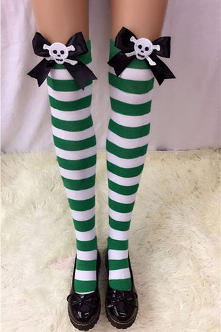Atomic Bowed Skull Green and White Striped Stockings