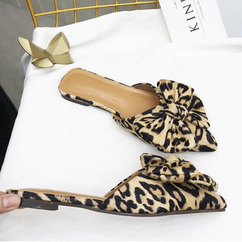 Atomic Brown Leopard Bowed and Pointed Toe Slippers | Animal Print Sandals | Animal Print Suede Mules
