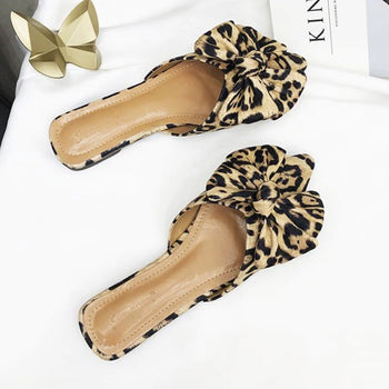 Atomic Brown Leopard Bowed and Pointed Toe Slippers | Animal Print Sandals | Animal Print Suede Mules
