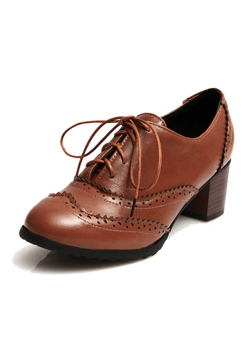 Brown Vintage Oxford Dark Block Heeled Shoes | Rockabilly Shoes