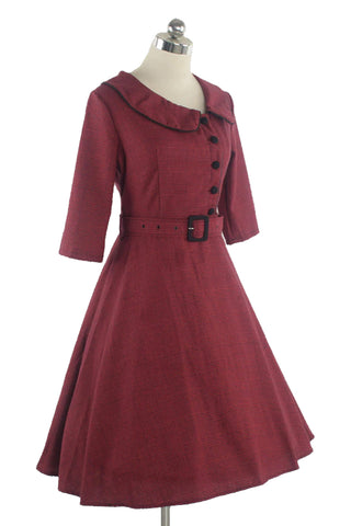 Atomic Burgundy Plaid & Buttoned Vintage Belted Dress