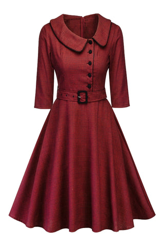 Atomic Burgundy Plaid & Buttoned Vintage Belted Dress