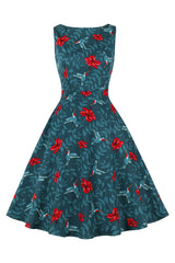 This dress features a flower and bird pattern print covering the whole dress, classic round neckline and sleeveless design, high waisted bodice, pockets on both sides, swing skirt and midi length design, and a concealed back zipper closure.