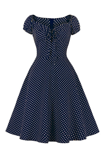 Atomic Dark Blue Polka Dot Drawstring Retro Dress