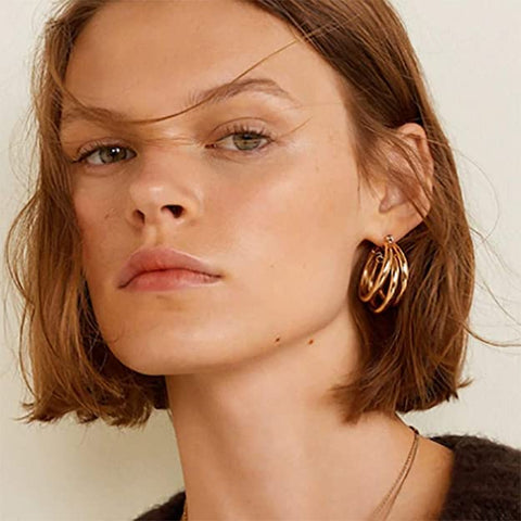 Gold Triple Hoop Earrings for Women Fashion Wide Round Lightweight Layer Hoop Earrings