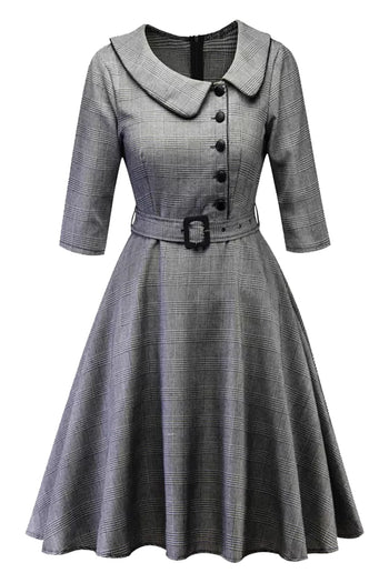 Atomic Gray Plaid & Buttoned Vintage Belted Dress