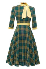 Atomic Green Bowed Neck Plaid Vintage Dress