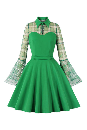 Atomic Green Plaid Mesh Grid Dot Dress