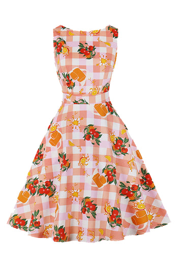 This dress features an orange juice and plaid print covering the whole dress, classic round neckline and sleeveless design, high waisted bodice, pockets on both sides, swing skirt and midi length design, and a concealed back zipper closure.