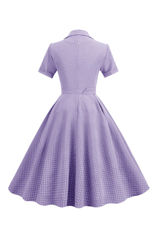 Atomic Lavender Notched Collar 1950s Plaid Belted Dress
