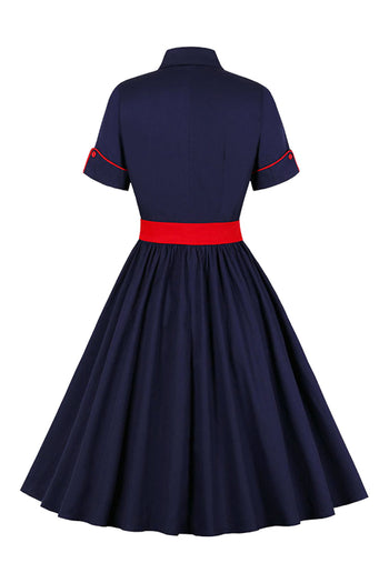 Atomic Navy Blue Rockabilly Button Up 1950s Dress