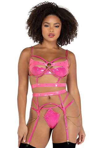 Atomic Pink 3-Piece Vinyl and Chain Bra Set Lingerie  | Bra and Panty Set Lingerie | Garter Lingerie | Pink Lingerie | Exotic Clothing