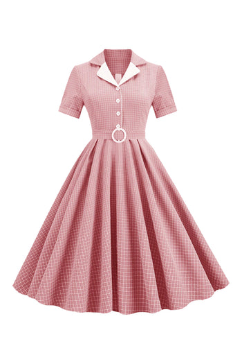 Atomic Pink Notched Collar 1950s Plaid Belted Dress