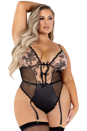 Atomic Plus Size Black Embroidery and Satin Teddy Lingerie | Plus Size Lingerie | Plus Size Teddy Lingerie | Plus Size Clothing
