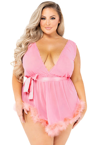Atomic Plus Size Pink Plunge Babydoll Lingerie | Plus Size Lingerie Outfit | Babydoll Lingerie