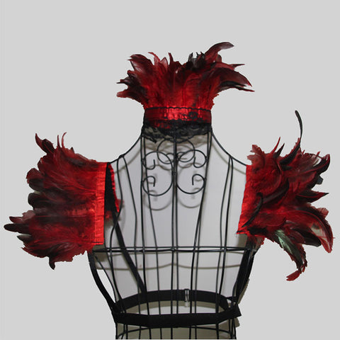 Atomic Red Gothic Feather Collar Scarf And Shoulder Armor