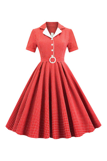 Atomic Red Notched Collar 1950s Plaid Belted Dress