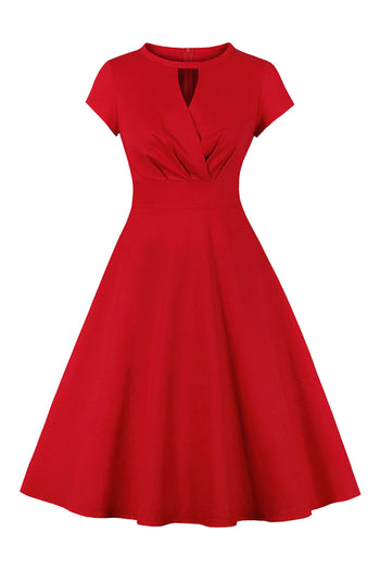 Atomic Red Solid Cutout Vintage Midi Dress