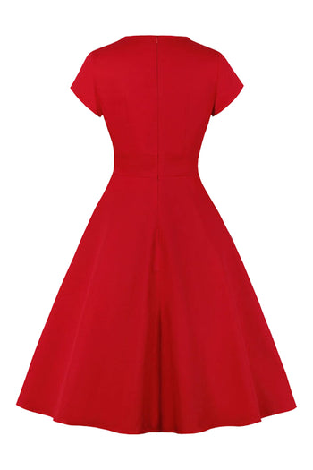 Atomic Red Solid Cutout Vintage Midi Dress