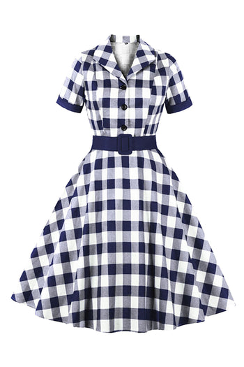 Atomic Retro Blue and White Plaid Belted Dress | Summer Spring Rockabilly Dress