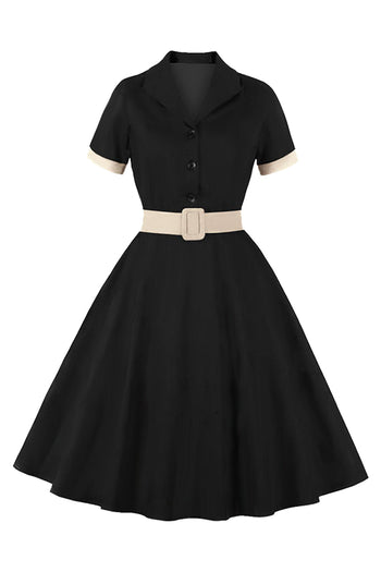 Atomic Retro Solid Black Belted Dress | Black Rockabilly Dress