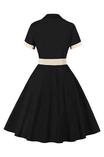 Atomic Retro Solid Black Belted Dress | Black Rockabilly Dress