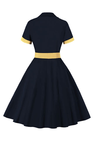 Atomic Retro Solid Dark Blue Belted Dress | Dark Blue Rockabilly Dress