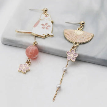 Atomic Sakura Cat Chain Drop Earrings