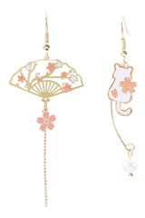 Atomic Sakura Cat and Fan  Chain Drop Earrings