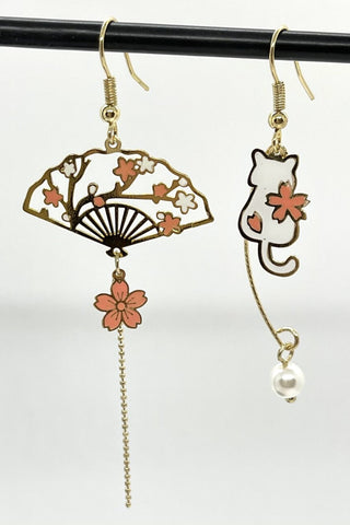 Atomic Sakura Cat and Fan  Chain Drop Earrings