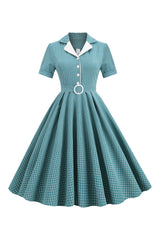 Atomic Turquoise Notched Collar 1950s Plaid Belted Dress