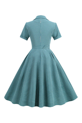 Atomic Turquoise Notched Collar 1950s Plaid Belted Dress
