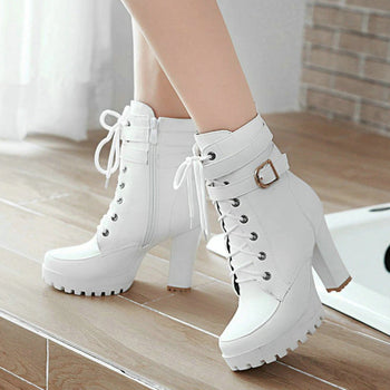 Atomic White Buckled Chunky Heel Boots
