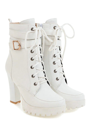 Atomic White Buckled Chunky Heel Boots