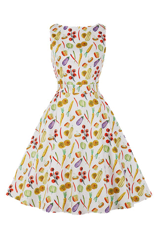 Atomic White Vegetable Rockabilly Retro Dress | Summer Spring Rockabilly Sleeveless Dress