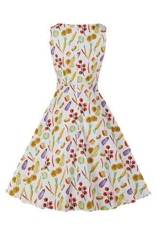 Atomic White Vegetable Rockabilly Retro Dress | Summer Spring Rockabilly Sleeveless Dress