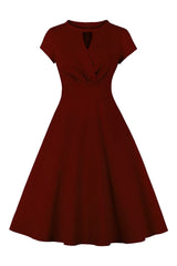 Atomic Wine Red Solid Cutout Vintage Midi Dress